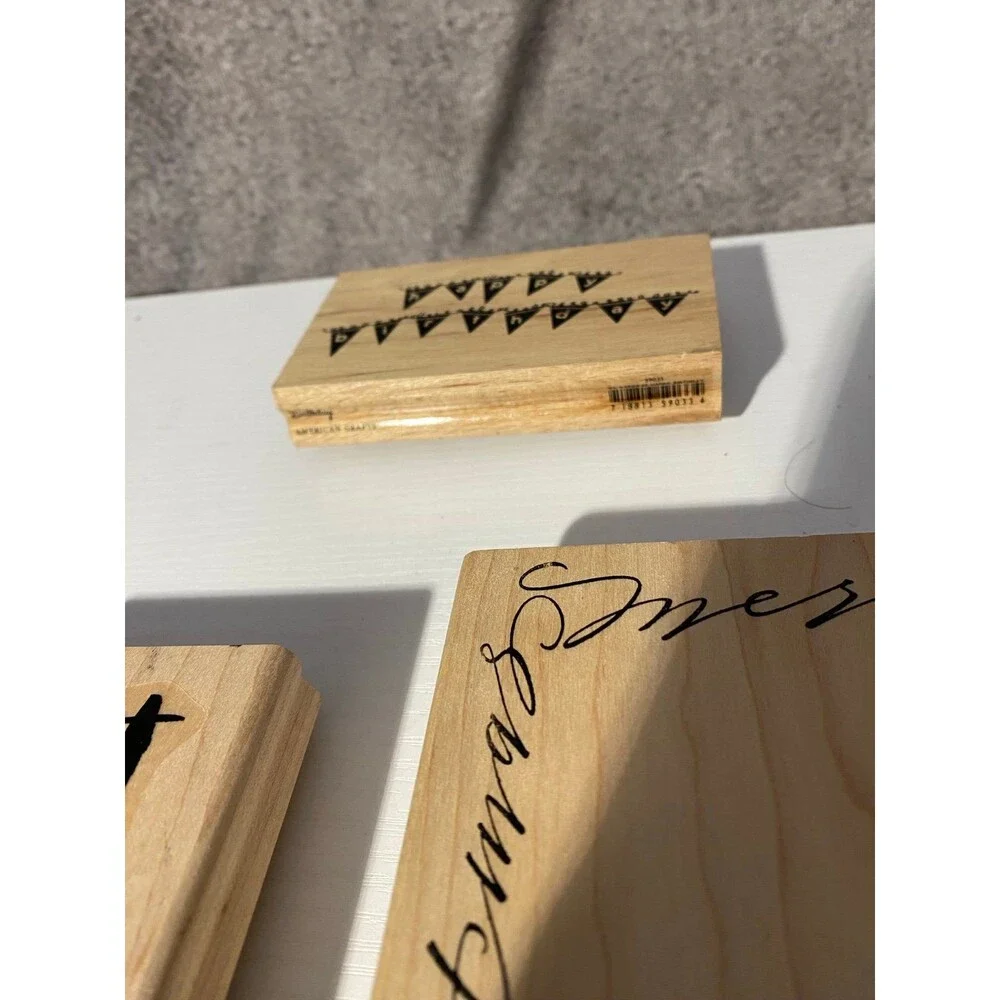 3pc Wood Rubber Stamp Lot DeNami Christmas Frame American Crafts Happy Birthday